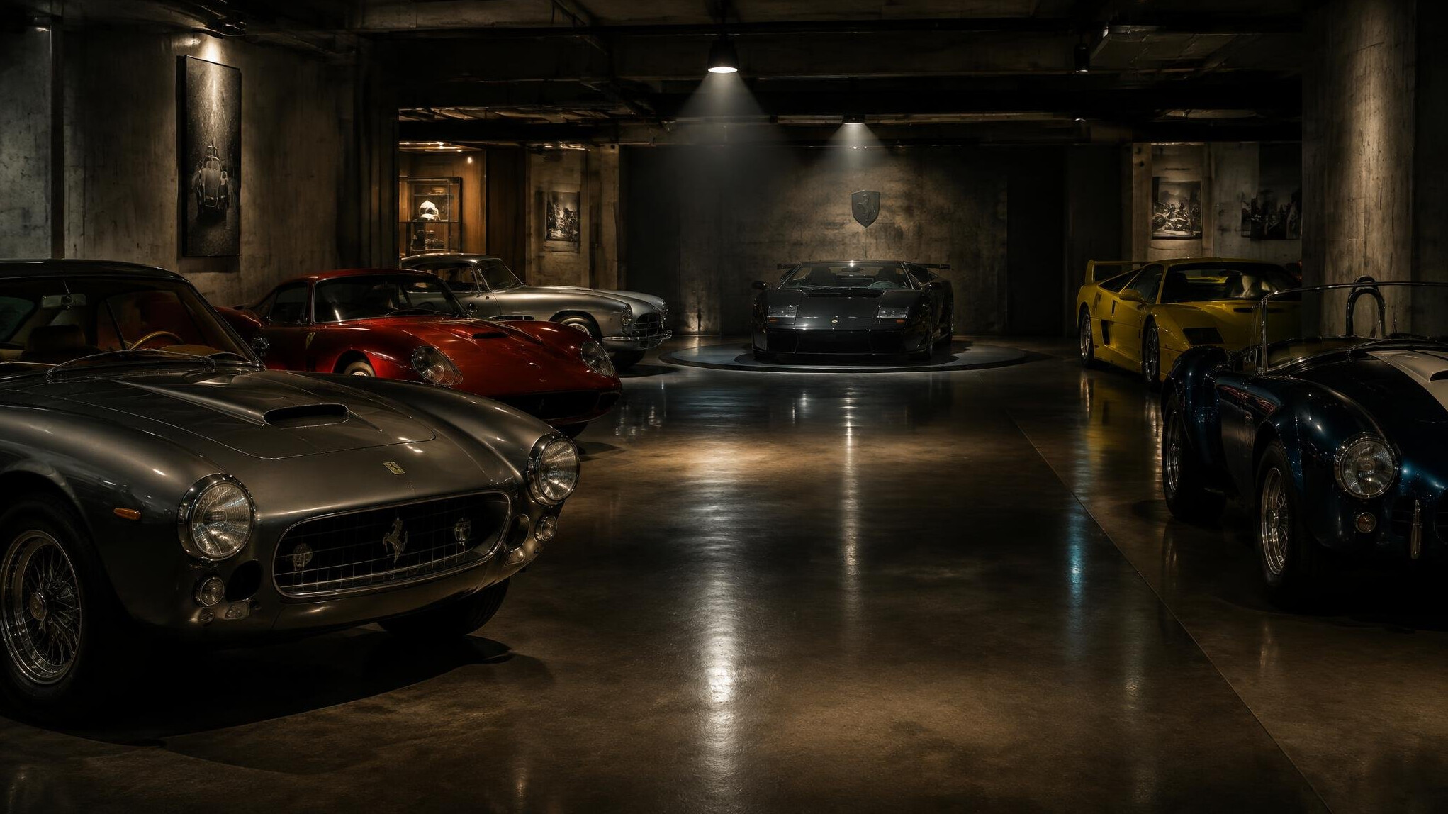 Private underground garage housing a collection of rare vintage and exotic automobiles