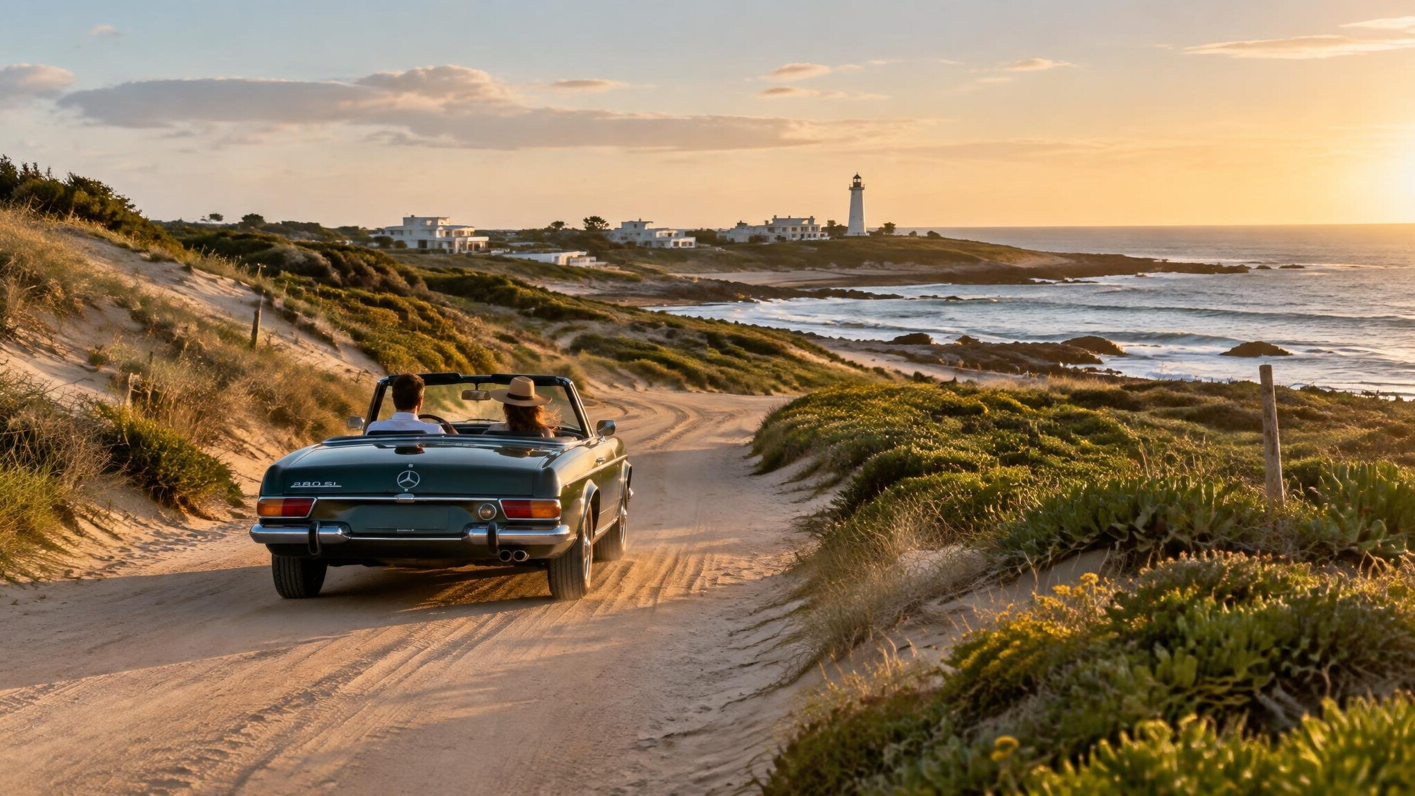 Scenic rural road near Jose Ignacio with a classic convertible driving through