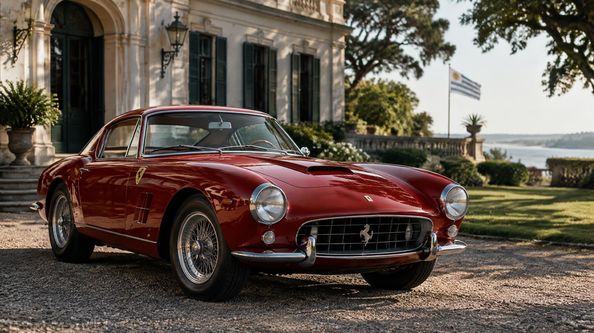 Vintage red Ferrari parked in front of a colonial Uruguayan mansion