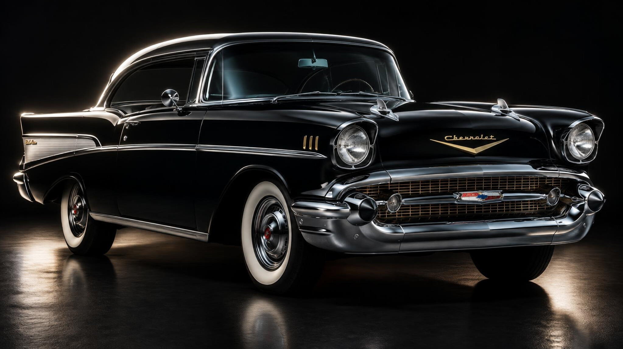 Restored 1950s classic automobile with chrome details photographed in a studio