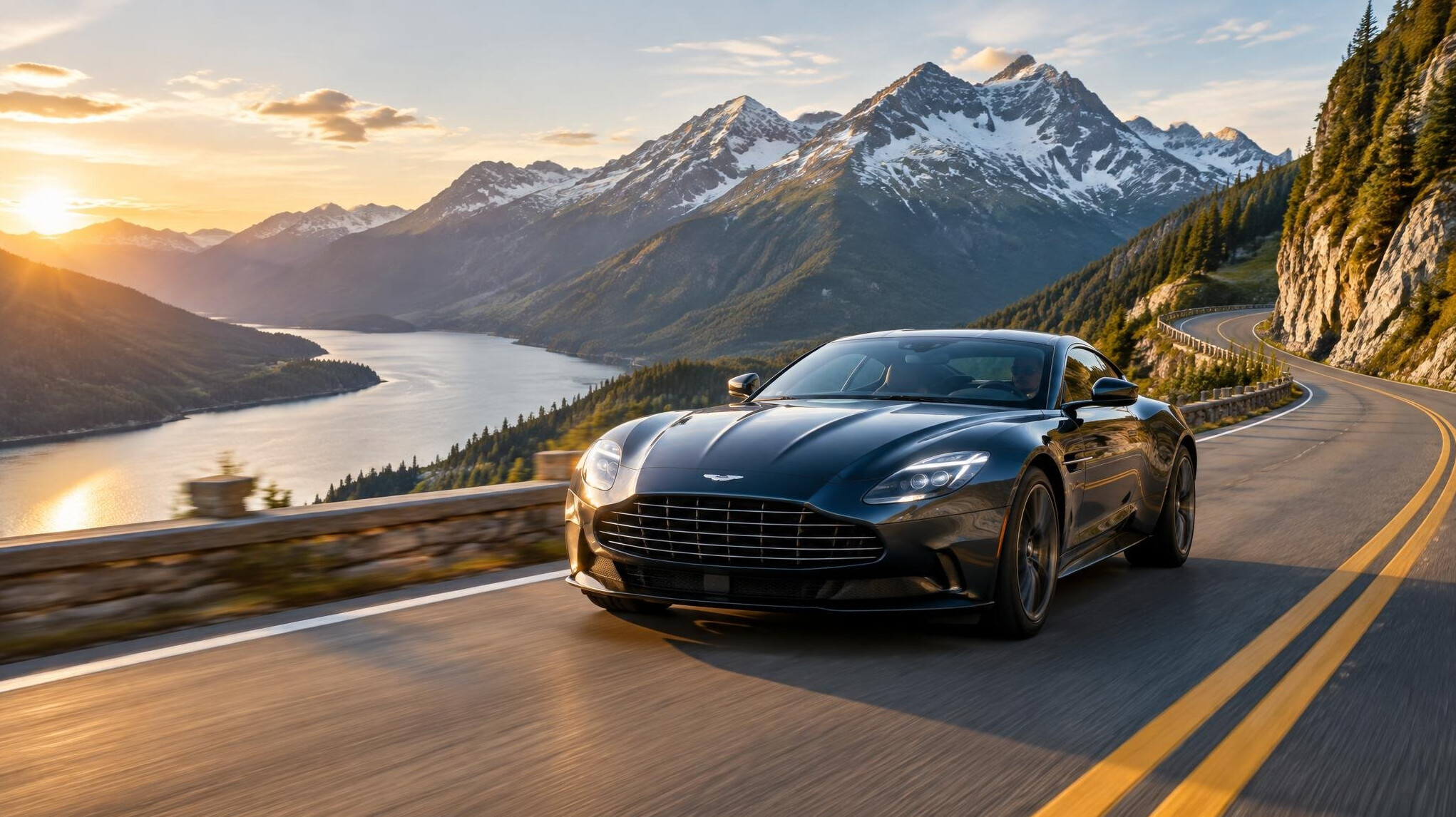 luxury car driving through scenic mountains
