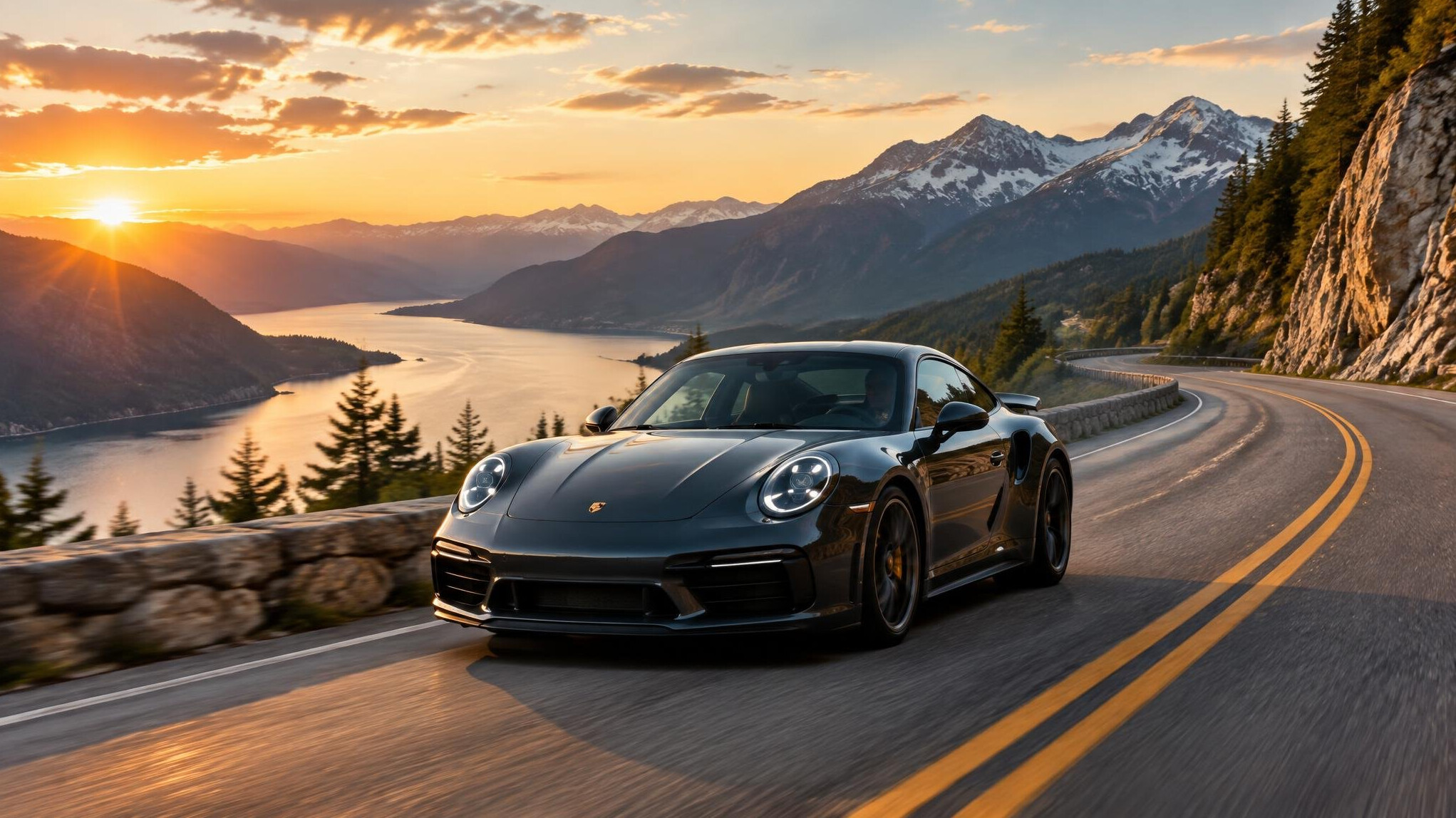 luxury car on winding mountain road
