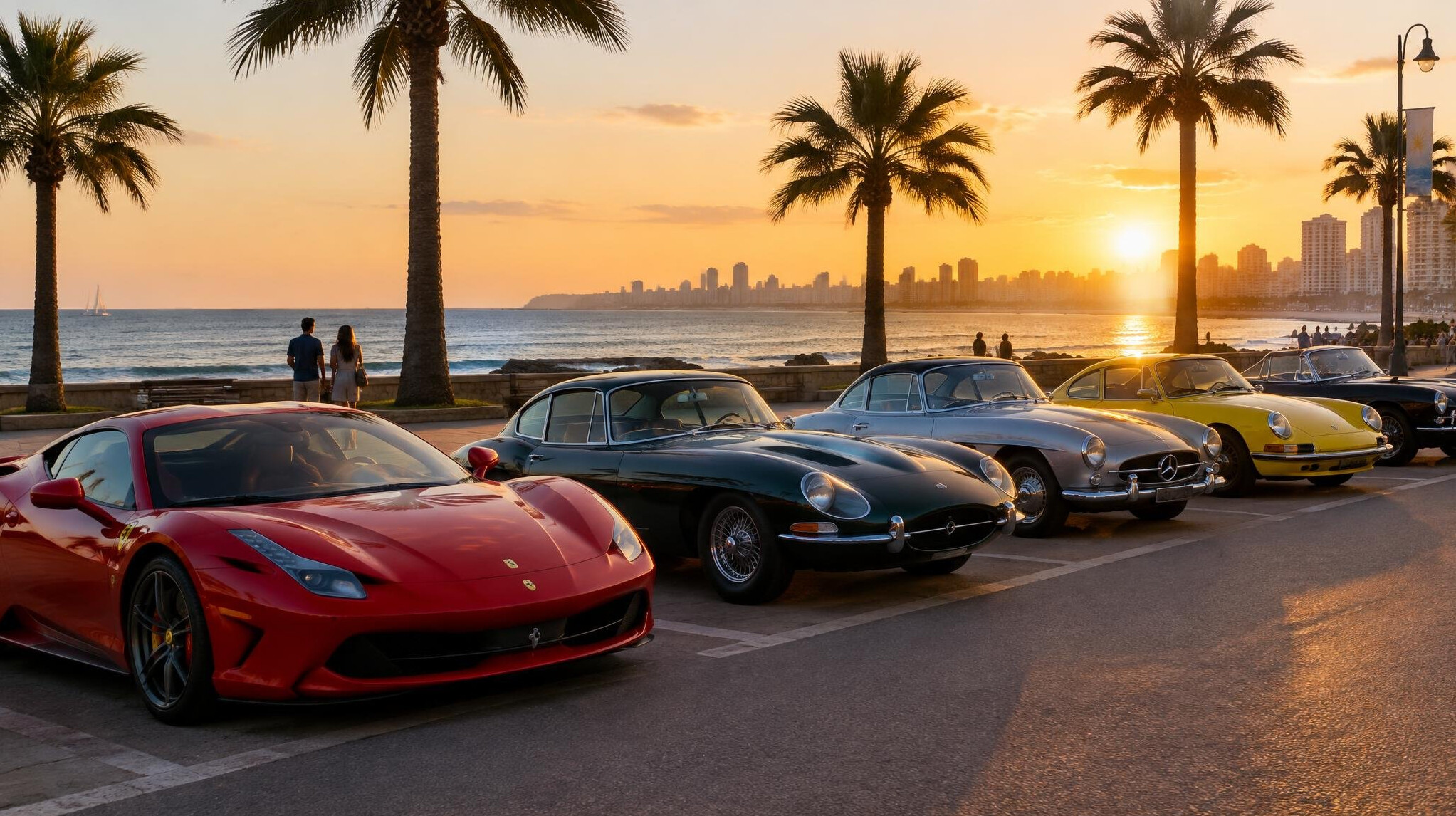 Row of exotic and vintage automobiles parked near the beach in Punta del Este