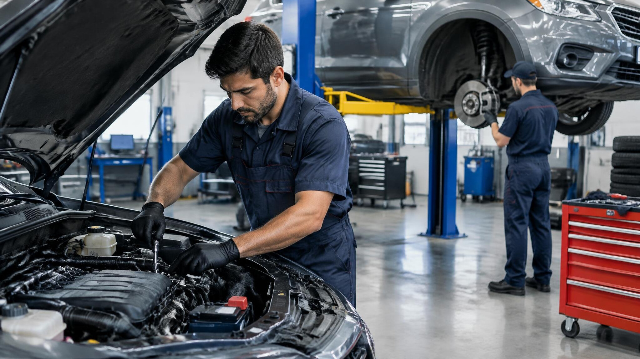 car mechanic working on engine