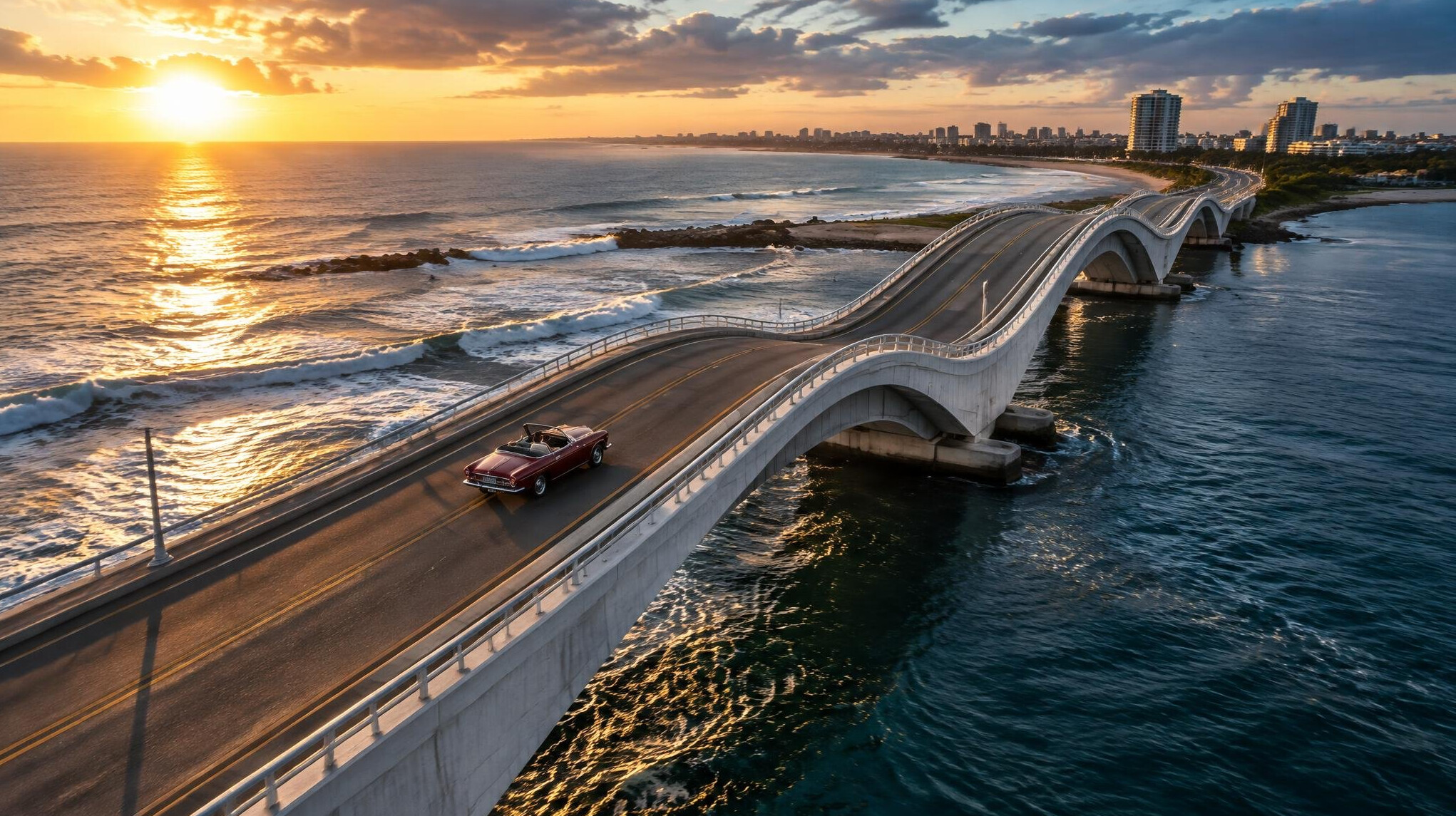 The wave-shaped Puente de la Barra bridge in Punta del Este with a car crossing