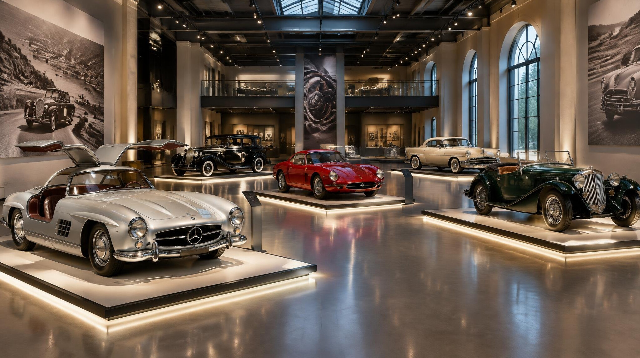 Elegant automobile exhibition hall with several classic cars on display