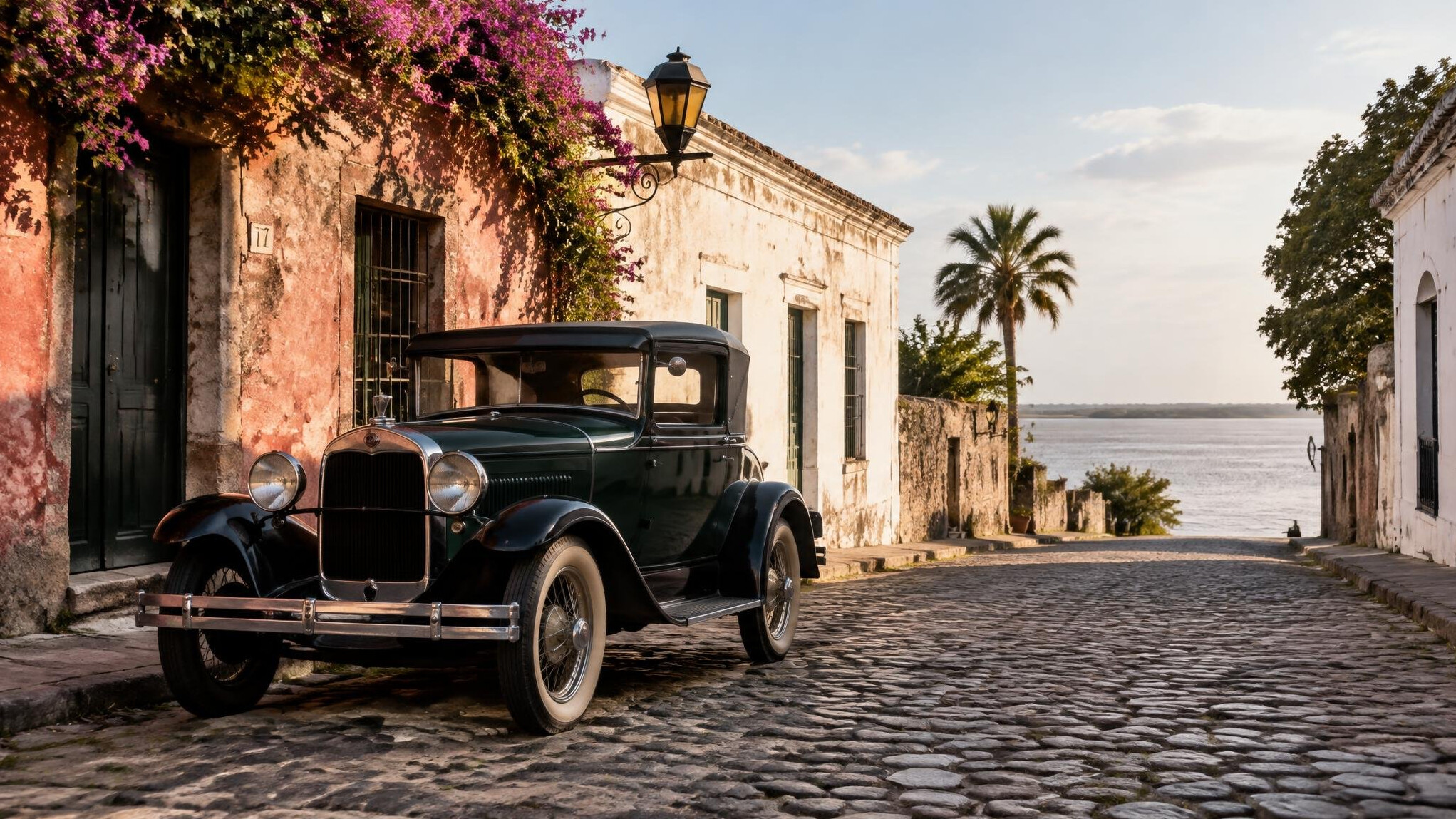 Cobblestone street in Colonia del Sacramento with a vintage car parked outside colonial buildings