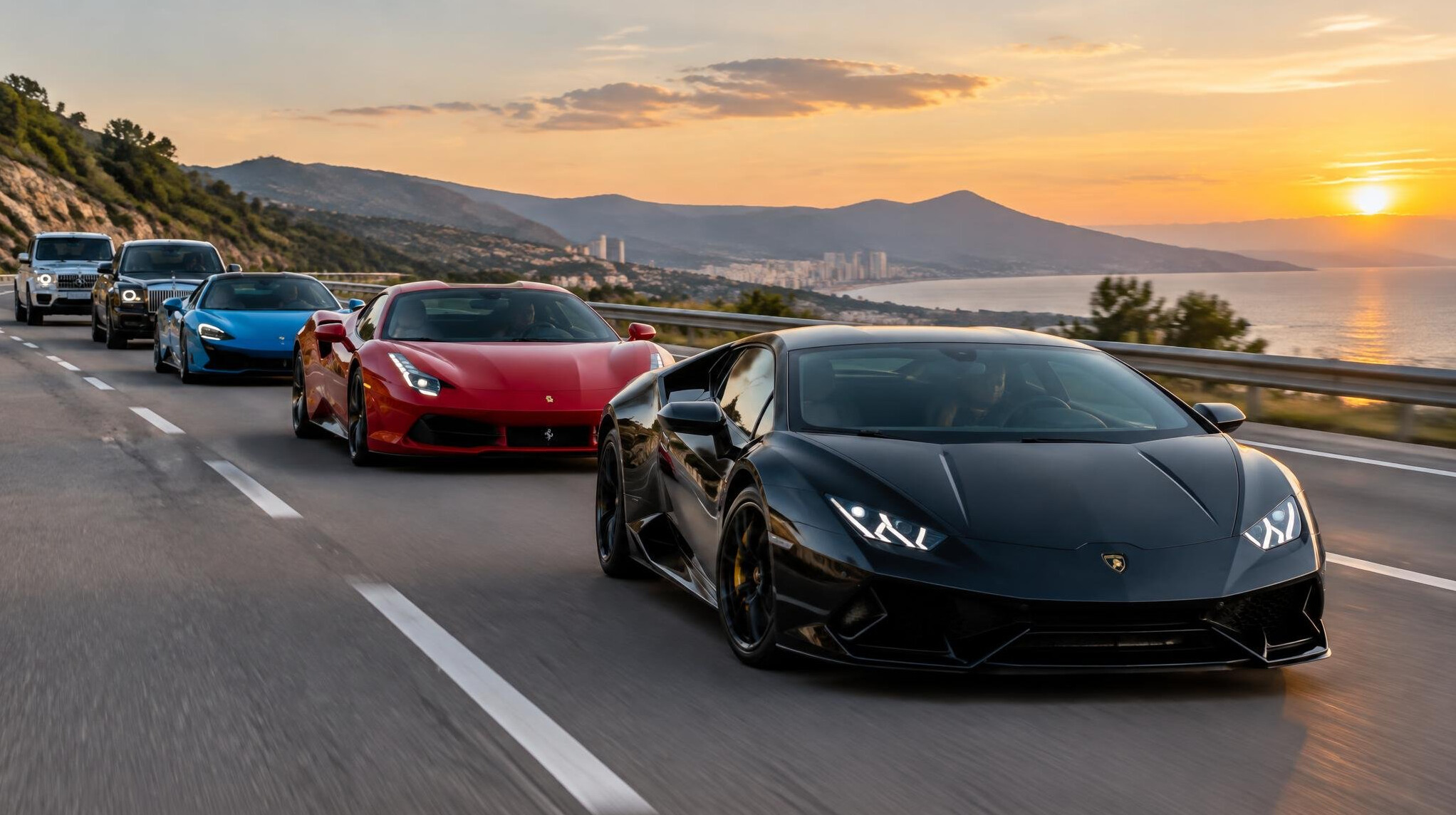 luxury cars convoy on highway