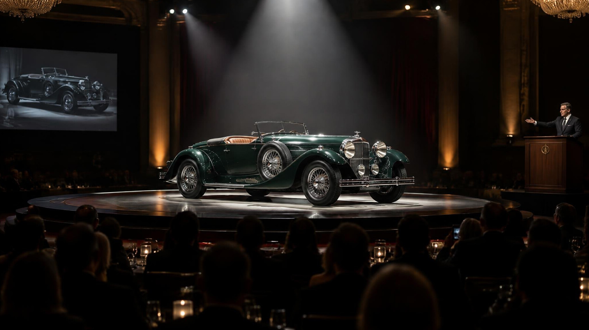 Spotlighted vintage automobile on display inside an elegant auction hall