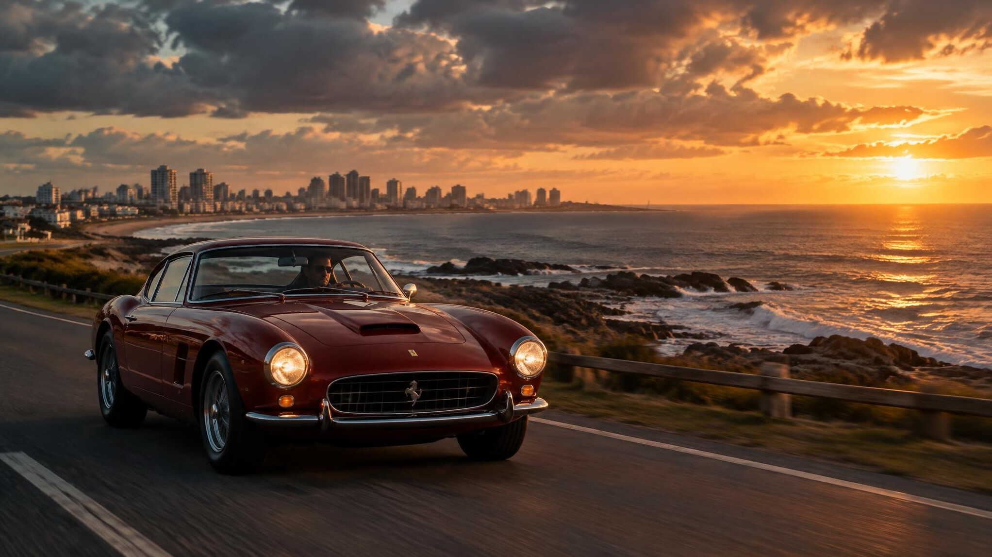 Vintage sports car driving on a coastal road near Punta del Este at sunset