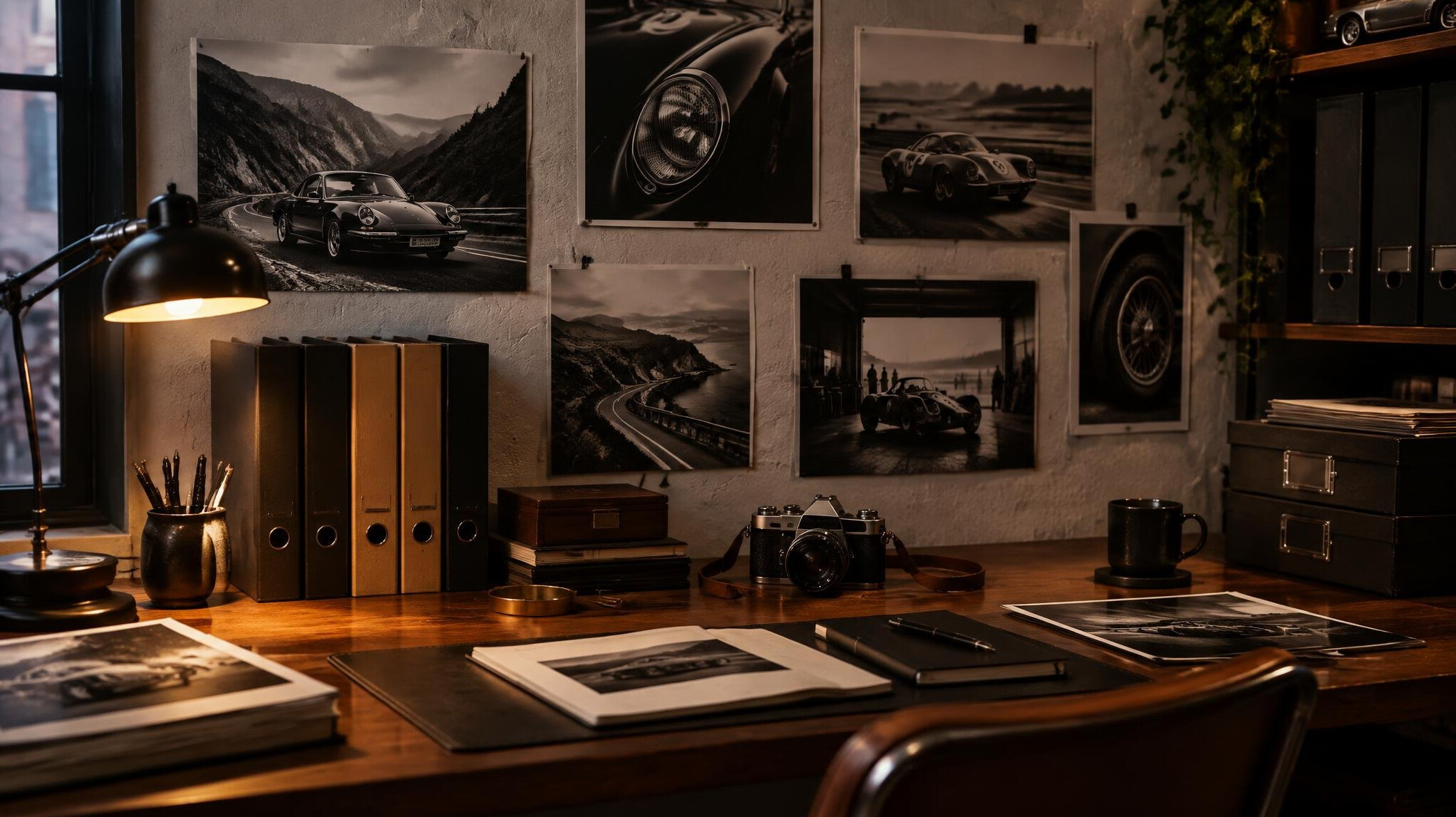 Editorial office desk with automotive photographs and archive folders