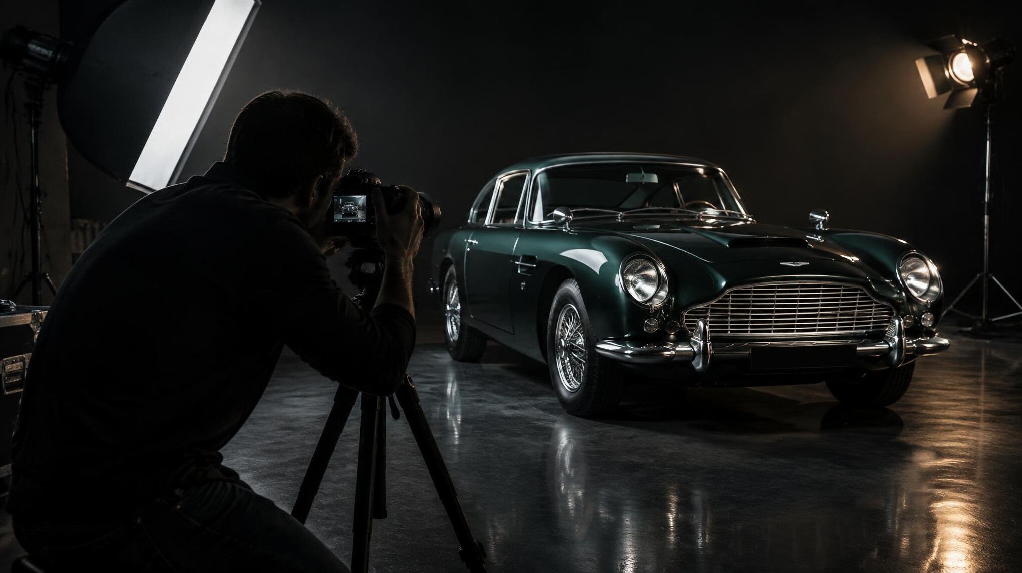 Photographer documenting a vintage automobile in a studio setting